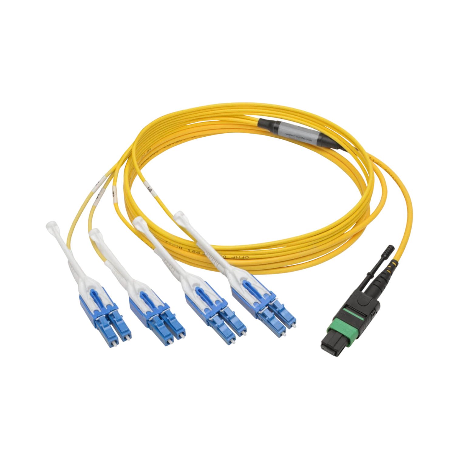 Tripp Lite MTP/MPO (APC) to 4xLC (UPC) Singlemode Breakout Patch Cable, 40/100 GbE, QSFP+ 40GBASE-PLR4, Plenum, Yellow, 1 m (3.3 ft.) — Being Shipped