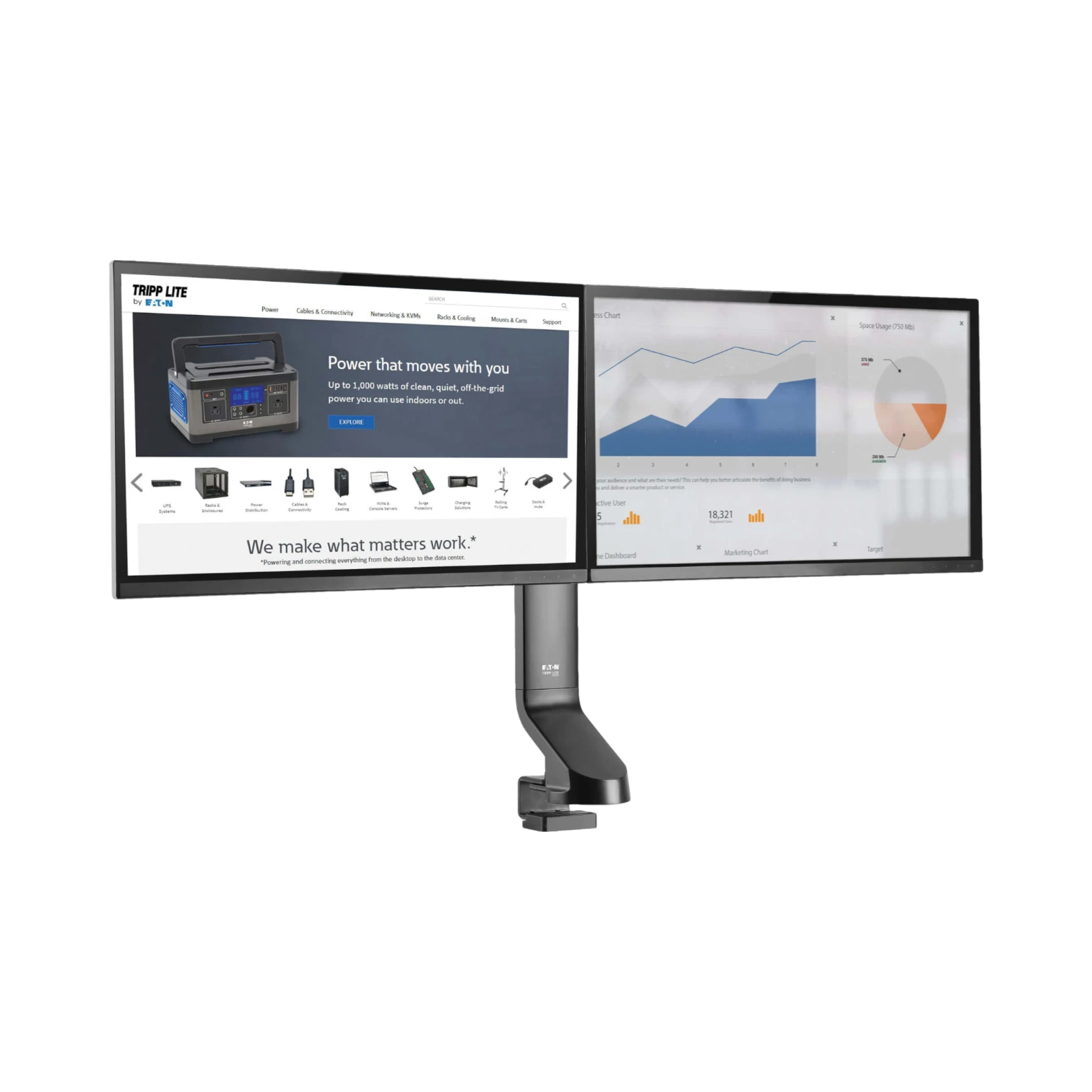 Tripp Lite Dual-Display Monitor Arm with Desk Clamp and Grommet, Height Adjustable, 17” to 27” Monitors — Being Shipped