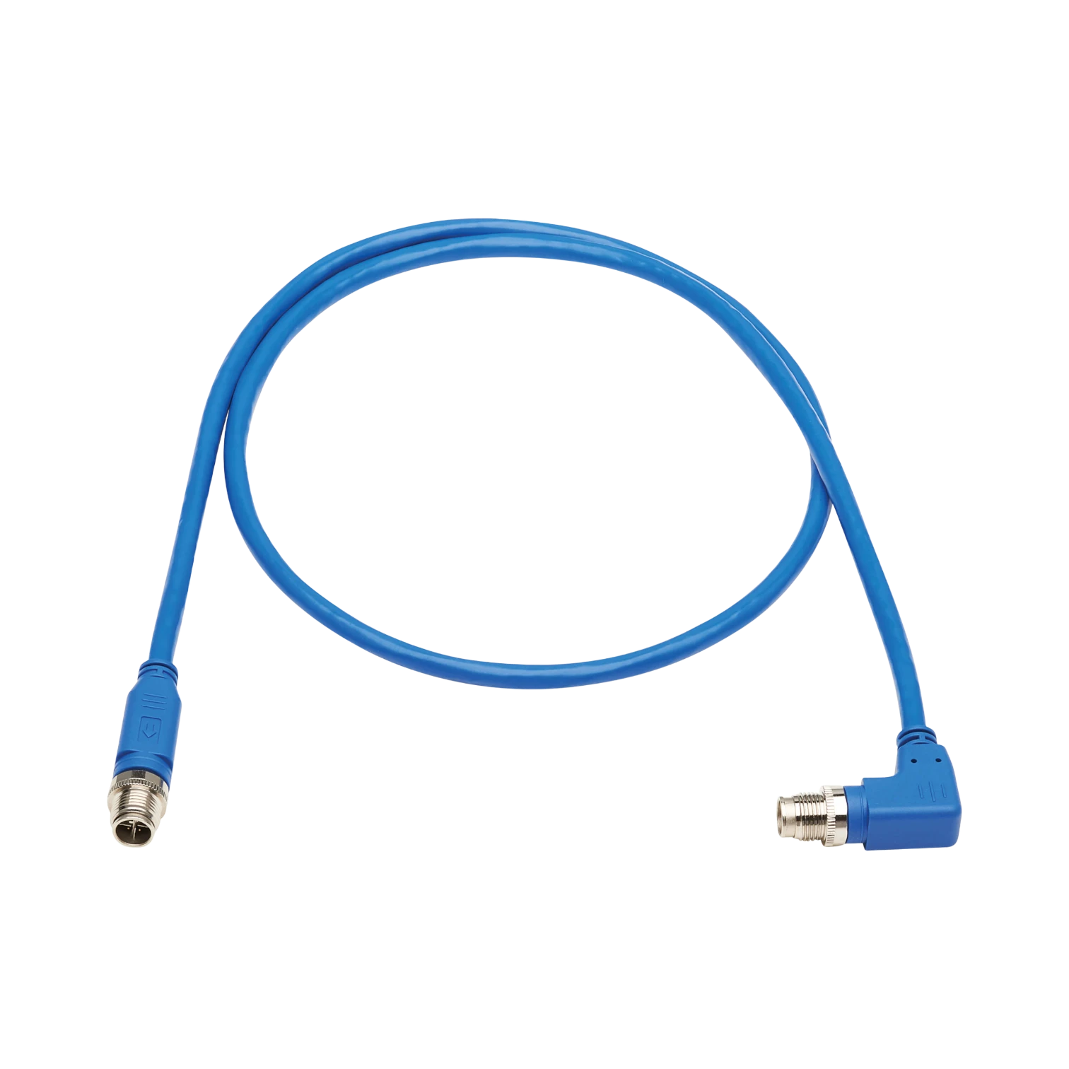 Tripp Lite M12 X-Code Cat6 1G UTP CMR-LP Ethernet Cable (Right-Angle M/M), IP68, PoE, Blue, 1 m (3.3 ft.), TAA — Being Shipped