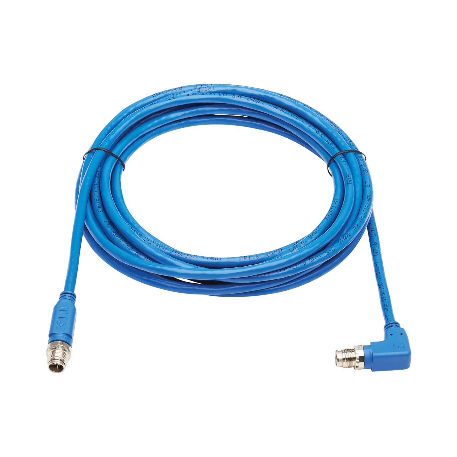 Tripp Lite M12 X-Code Cat6 1G UTP CMR-LP Ethernet Cable (Right-Angle M/M), IP68, PoE, Blue, 5 m (16.4 ft.), TAA — Being Shipped