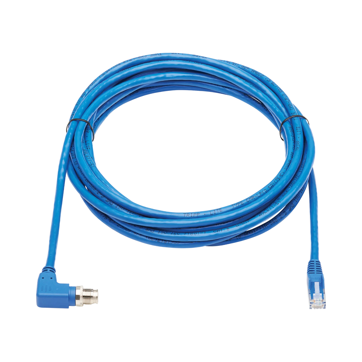 Tripp Lite M12 X-Code Cat6 1G UTP CMR-LP Ethernet Cable (Right-Angle M12 M/RJ45 M), IP68, PoE, Blue, 3 m (9.8 ft.), TAA — Being Shipped