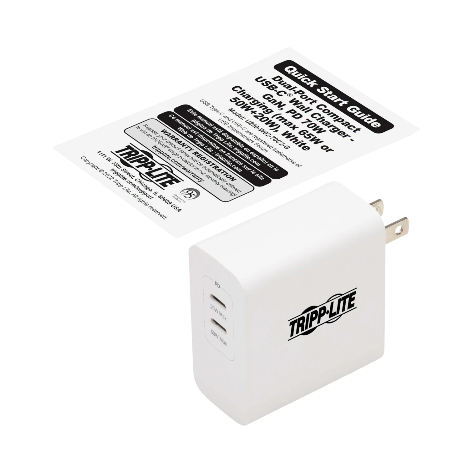 Tripp Lite Dual-Port 70W USB-C Wall Charger (White) — Being Shipped