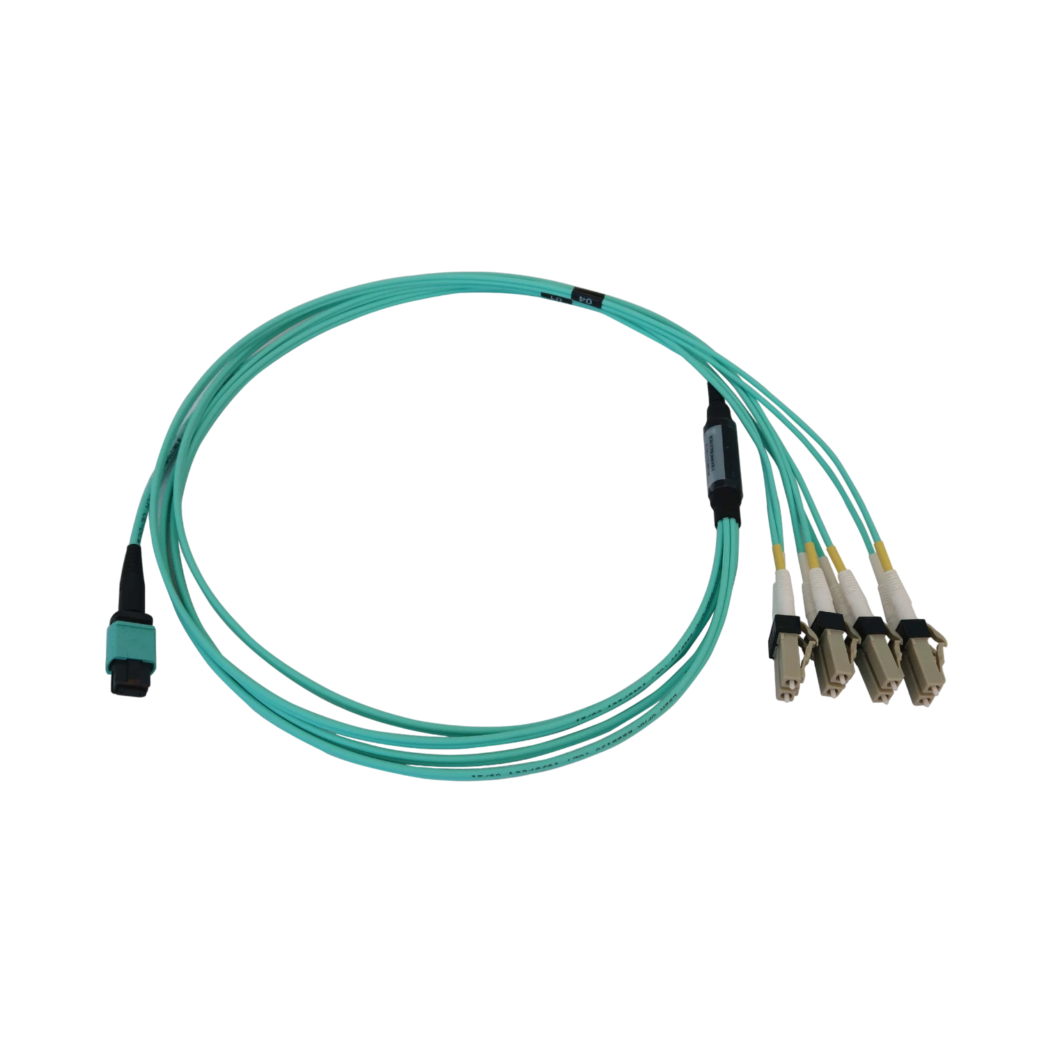 Tripp Lite 40/100/400G Multimode 50/125 OM3 Fiber Optic Cable (12F MTP/MPO-PC to 4x Duplex LC/PC F/M), LSZH, Aqua, 1 m (3.3 ft.) — Being Shipped