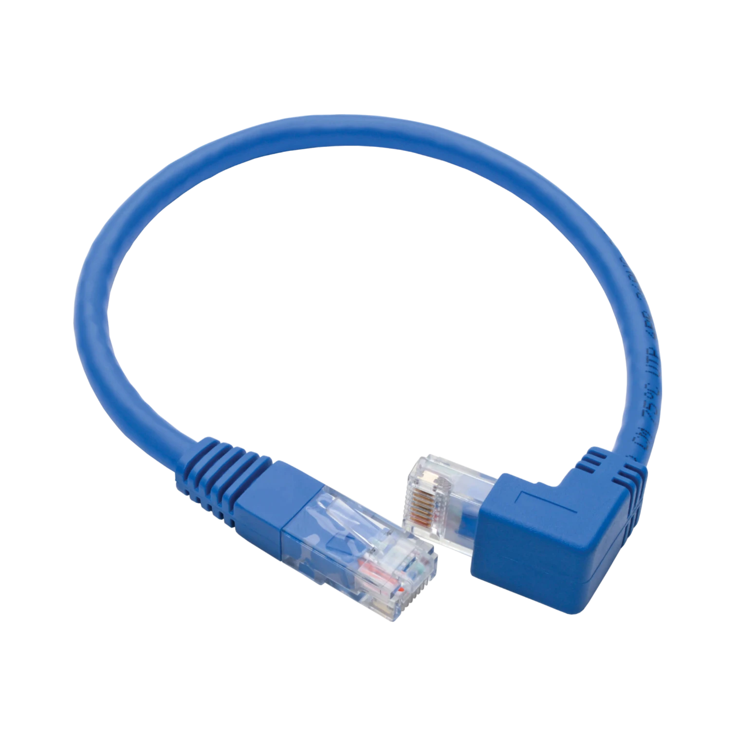 Tripp Lite Down-Angle Cat6 Gigabit Molded UTP Ethernet Cable (RJ45 Right-Angle Down M to RJ45 M), Blue, 1 ft. (0.31 m) — Being Shipped