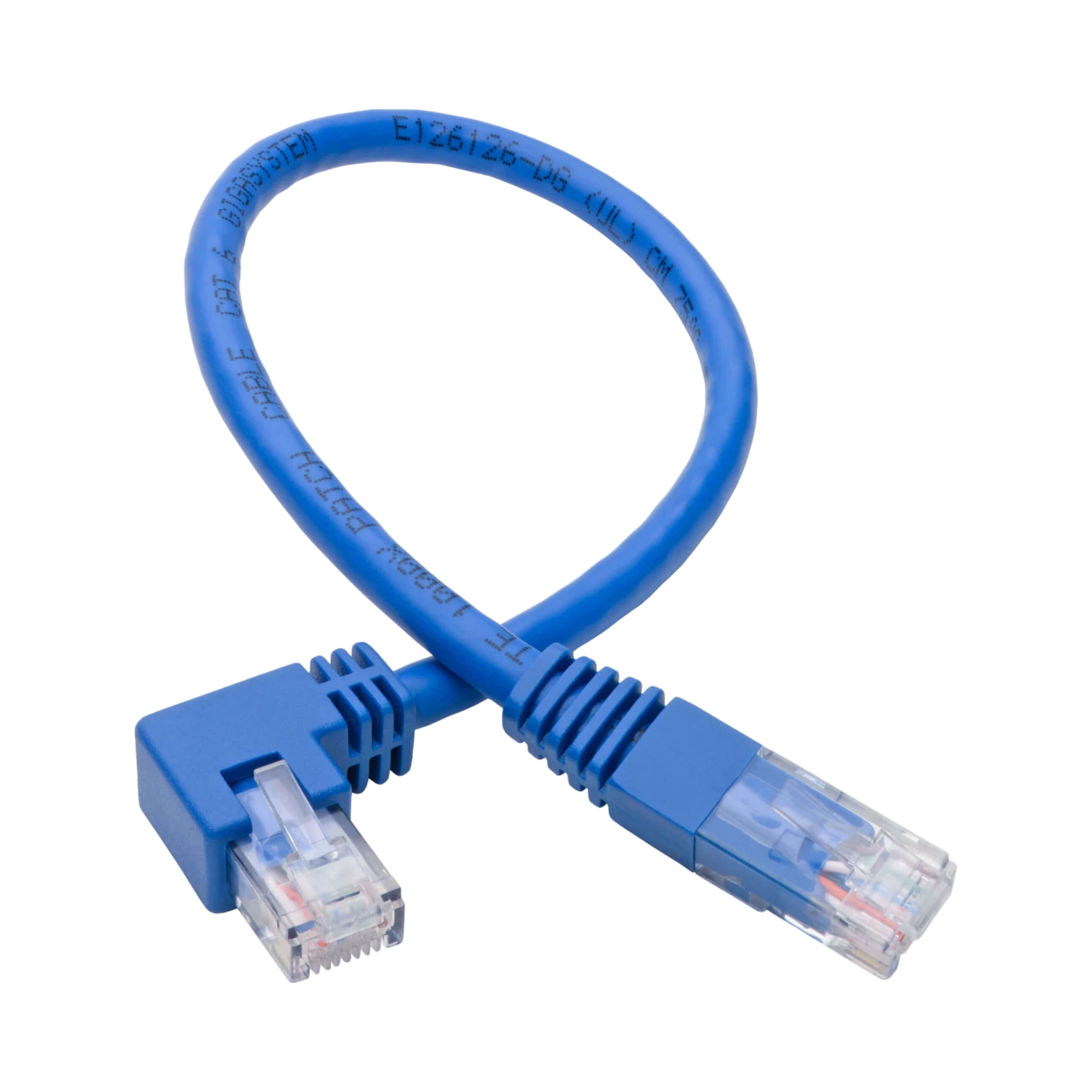 Tripp Lite Right-Angle Cat6 Gigabit Molded UTP Ethernet Cable (RJ45 Right-Angle M to RJ45 M), Blue, 1 ft. (0.31 m) — Being Shipped