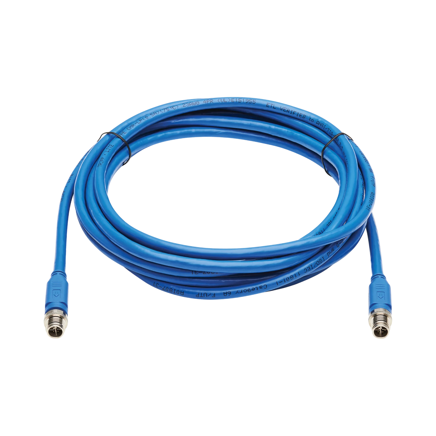 Tripp Lite M12 X-Code Cat6a 10G F/UTP CMR-LP Shielded Ethernet Cable (M/M), IP68, PoE, Blue, 10 m (32.8 ft.), TAA — Being Shipped