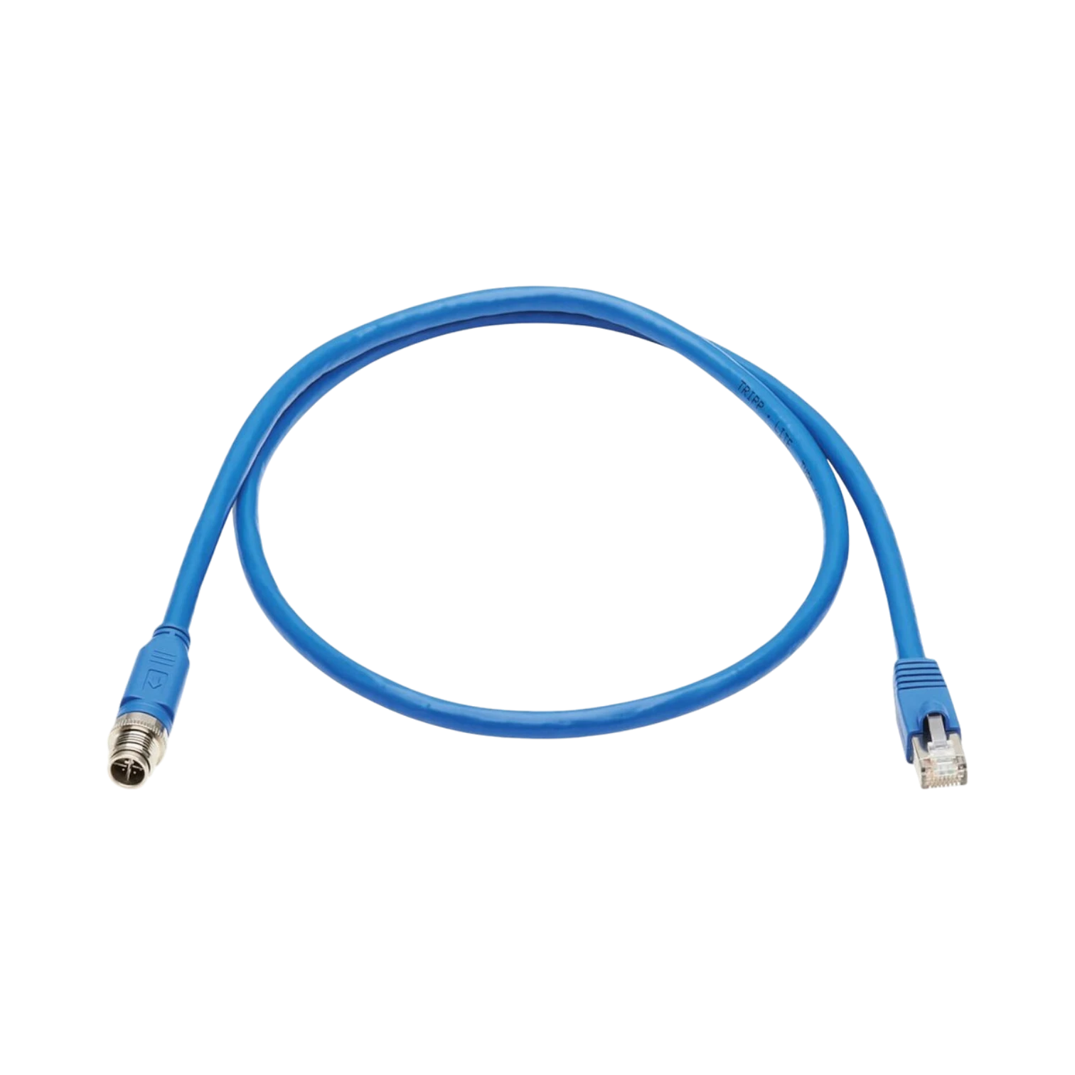 Tripp Lite M12 X-Code Cat6a 10G F/UTP CMR-LP Shielded Ethernet Cable (M12 M/RJ45 M), IP68, PoE, Blue, 2 m (6.6 ft.), TAA — Being Shipped