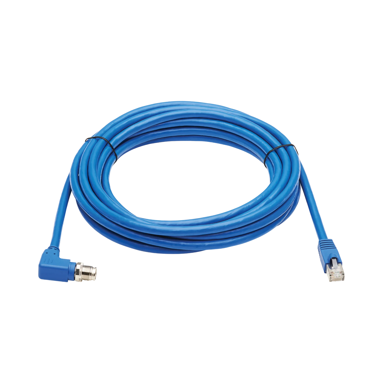 Tripp Lite M12 X-Code Cat6a 10G F/UTP CMR-LP Shielded Ethernet Cable (Right-Angle M12 M/RJ45 M), IP68, PoE, Blue, 3 m (9.8 ft.), TAA — Being Shipped