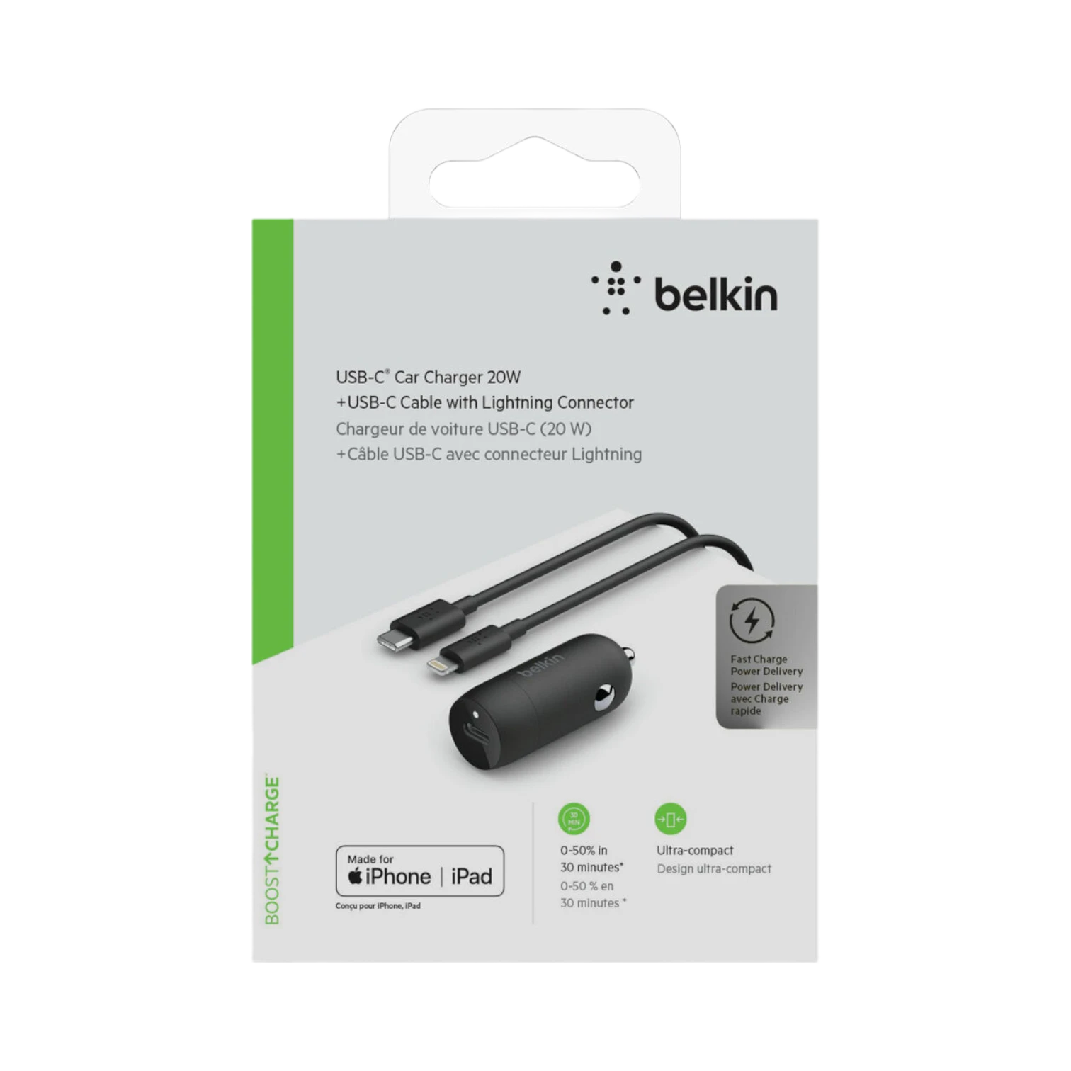 Belkin 20W USB-C Car Charger with Lightning Cable (Black) — Being Shipped