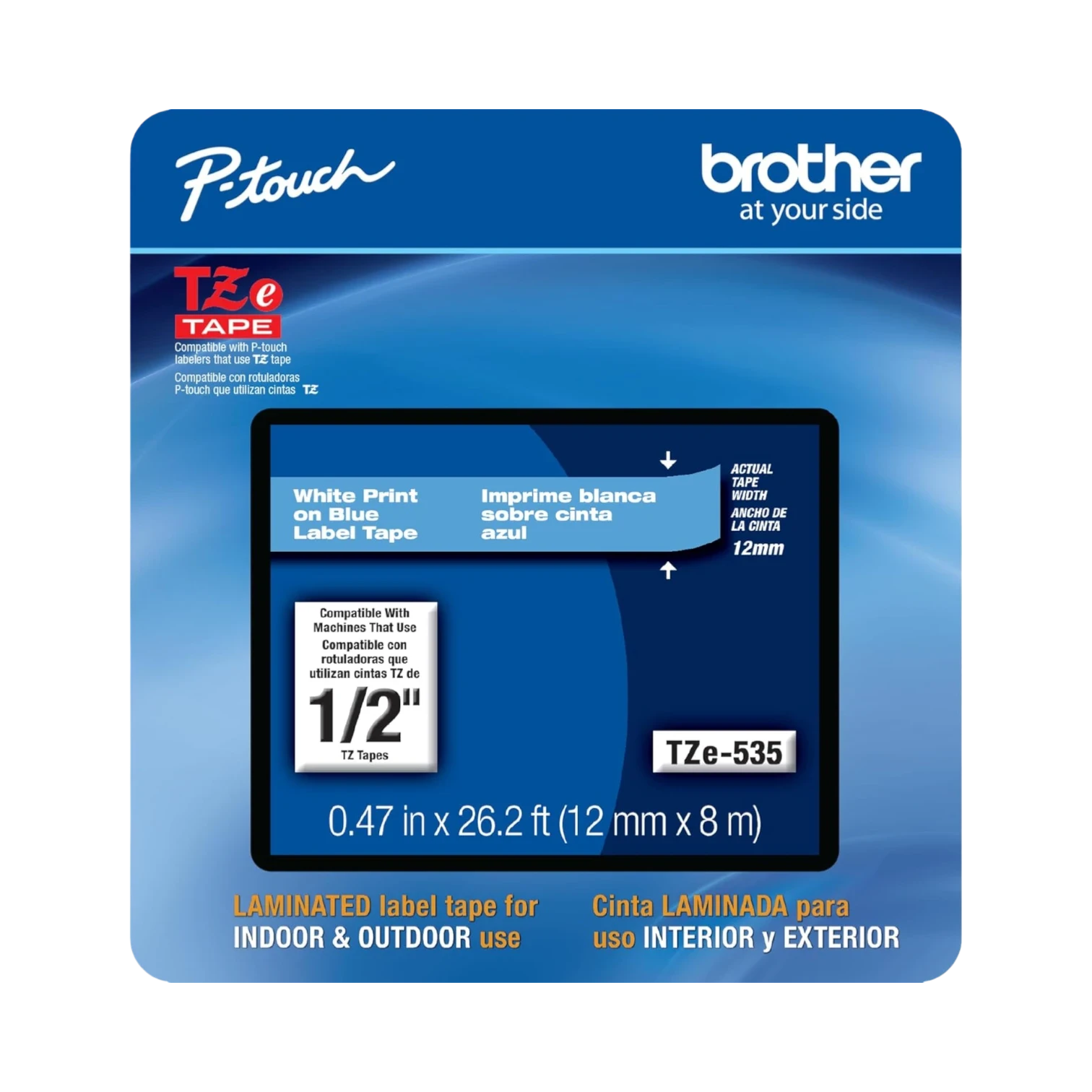 Brother 12mm Blue on White Laminated Label Tape for P-touch — Being Shipped