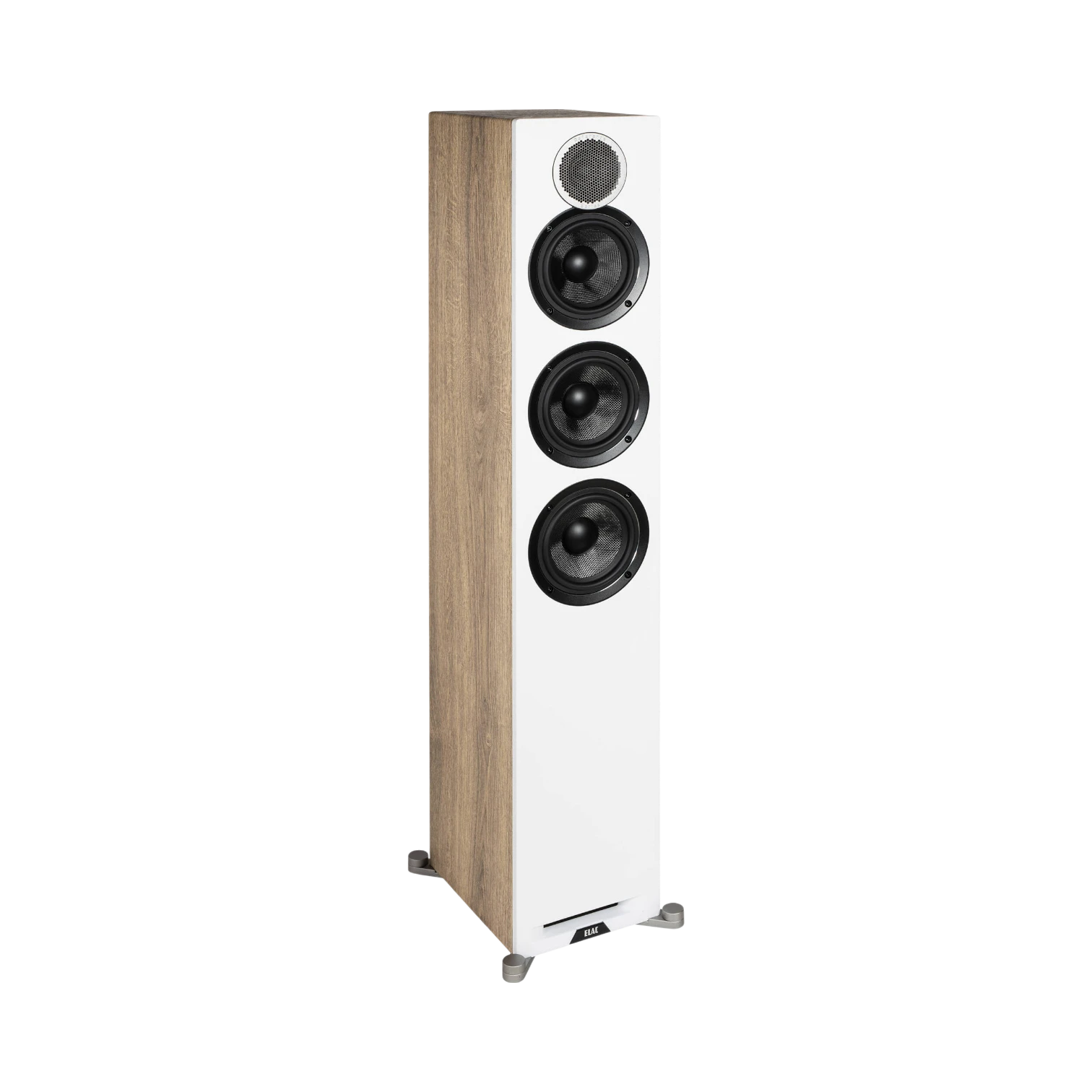 ELAC Debut Reference Three-Way Floorstanding Speaker (White Baffle, Oak Cabinet) — Being Shipped