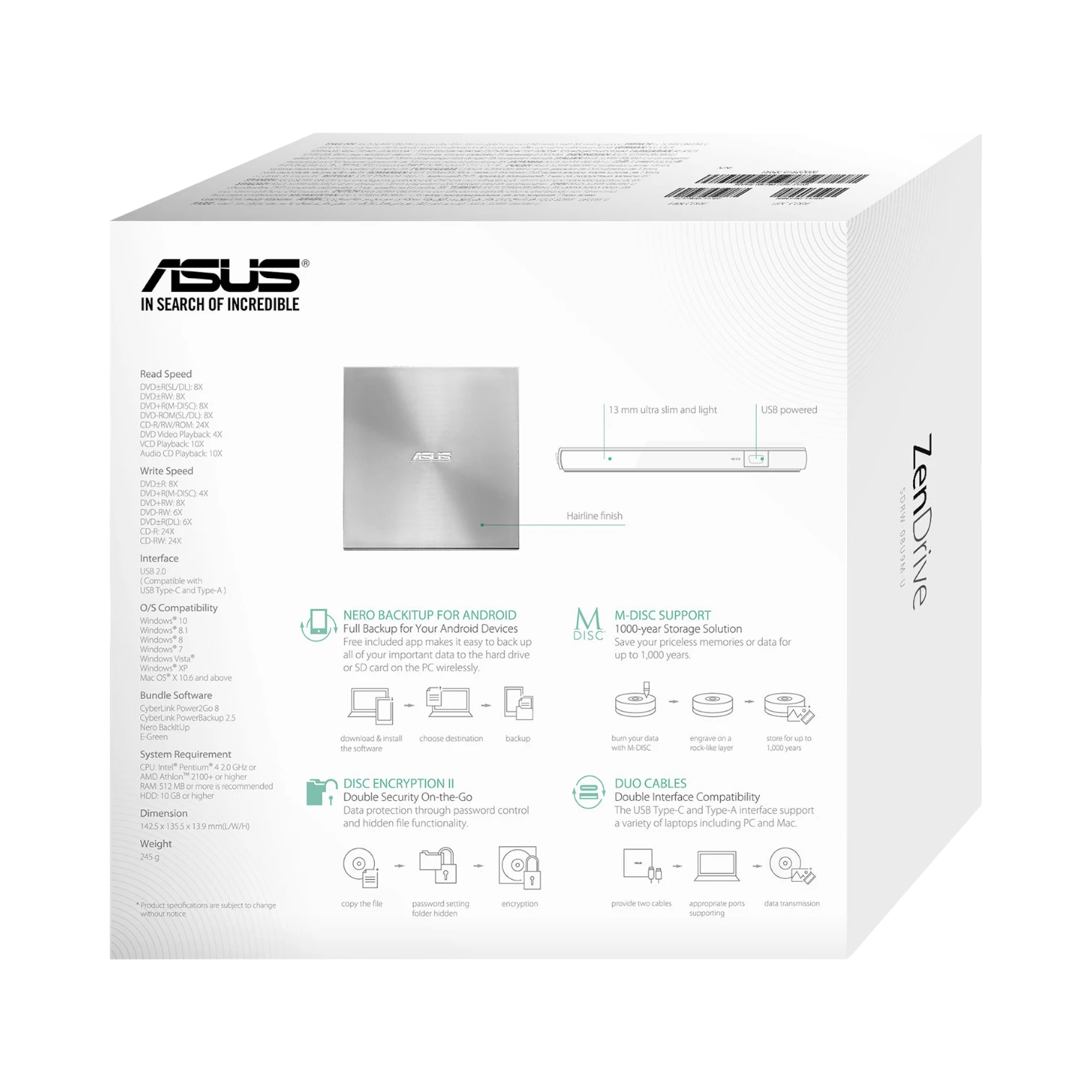 ASUS ZenDrive U9M External DVD Writer (Silver) — Being Shipped