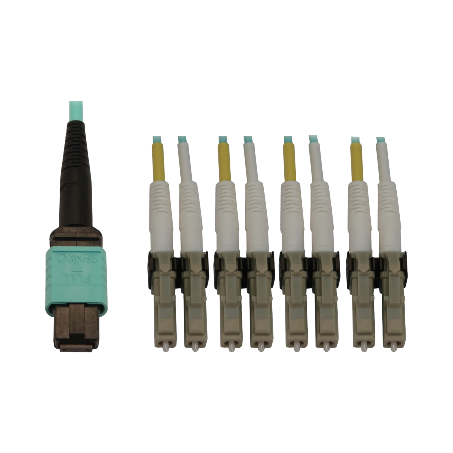 Tripp Lite 40/100/400G Multimode 50/125 OM3 Fiber Optic Cable (12F MTP/MPO-PC to 4x Duplex LC/PC F/M), LSZH, Aqua, 1 m (3.3 ft.) — Being Shipped