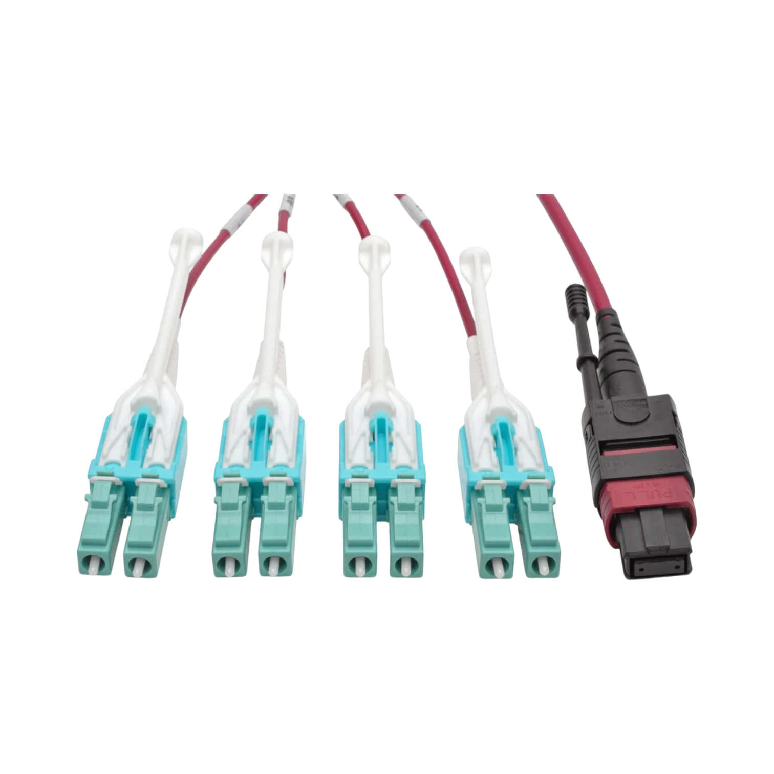 Tripp Lite 40G MTP/MPO to 4xLC Fan-Out OM4 Plenum-Rated Fiber Optic Cable, 40GBASE-SR4, Push/Pull Tabs, Magenta, 5m — Being Shipped