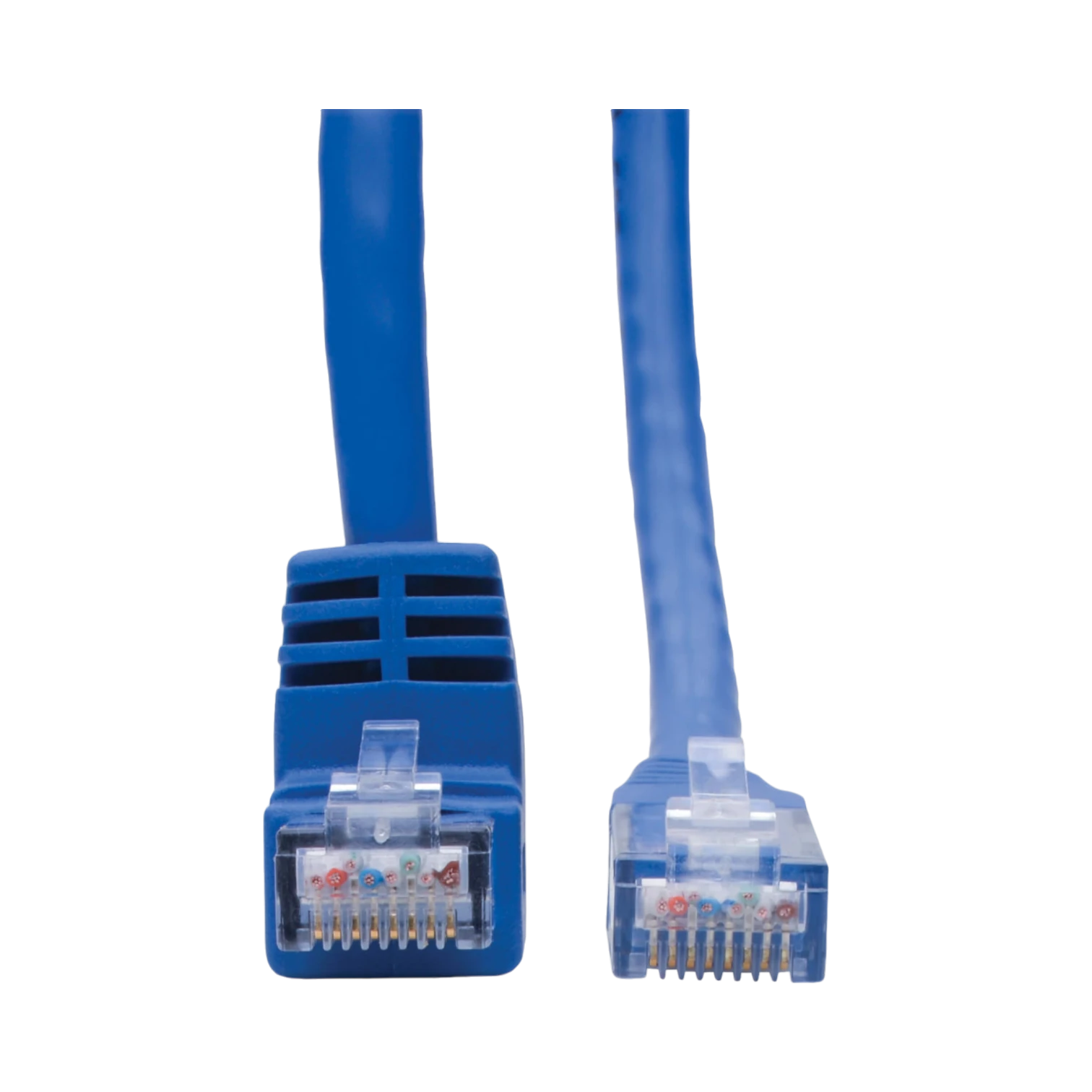 Tripp Lite Down-Angle Cat6 Gigabit Molded UTP Ethernet Cable (RJ45 Right-Angle Down M to RJ45 M), Blue, 1 ft. (0.31 m) — Being Shipped