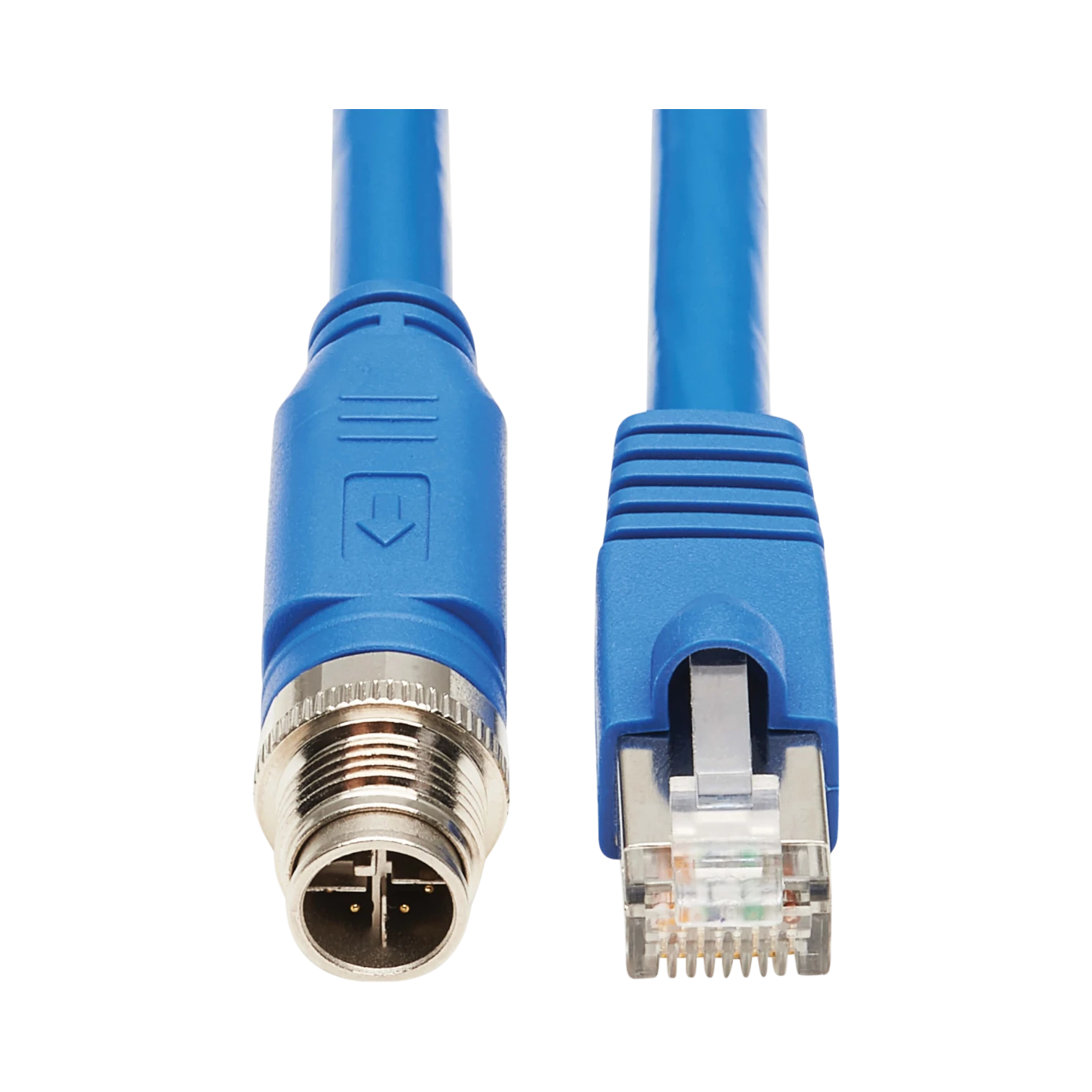 Tripp Lite M12 X-Code Cat6a 10G F/UTP CMR-LP Shielded Ethernet Cable (M12 M/RJ45 M), IP68, PoE, Blue, 5 m (16.4 ft.), TAA — Being Shipped