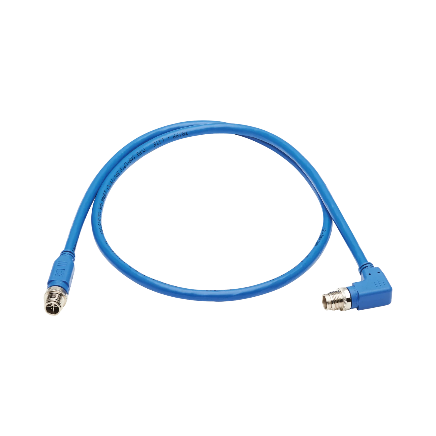 Tripp Lite M12 X-Code Cat6a 10G F/UTP CMR-LP Shielded Ethernet Cable (Right-Angle M/M), IP68, PoE, Blue, 2 m (6.6 ft.), TAA — Being Shipped