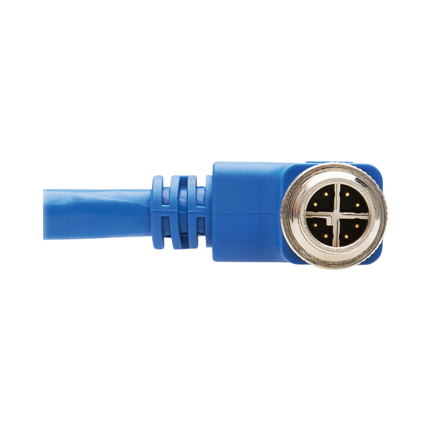 Tripp Lite M12 X-Code Cat6a 10G F/UTP CMR-LP Shielded Ethernet Cable (Right-Angle M/M), IP68, PoE, Blue, 2 m (6.6 ft.), TAA — Being Shipped