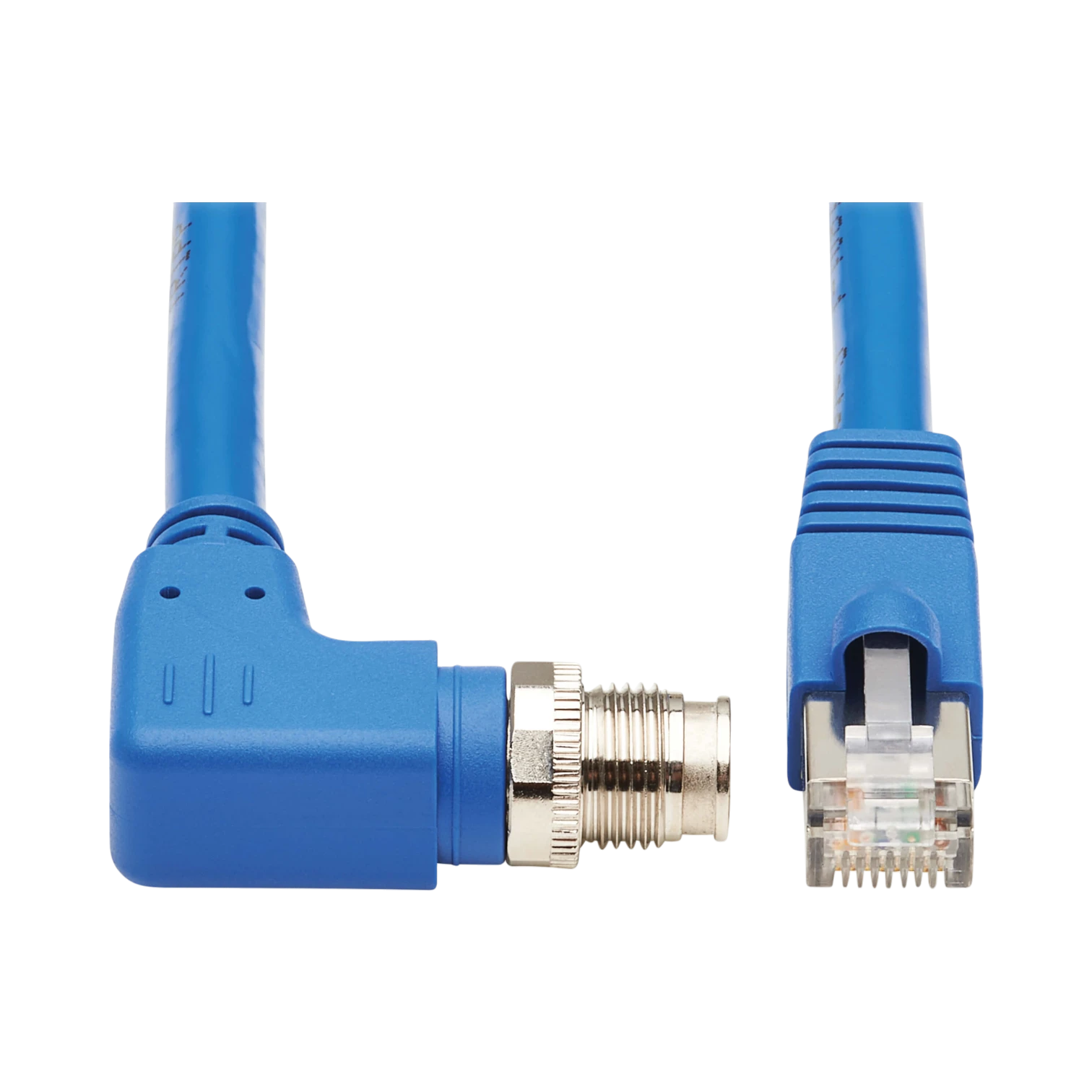 Tripp Lite M12 X-Code Cat6a 10G F/UTP CMR-LP Shielded Ethernet Cable (Right-Angle M12 M/RJ45 M), IP68, PoE, Blue, 10 m (32.8 ft.), TAA — Being Shipped