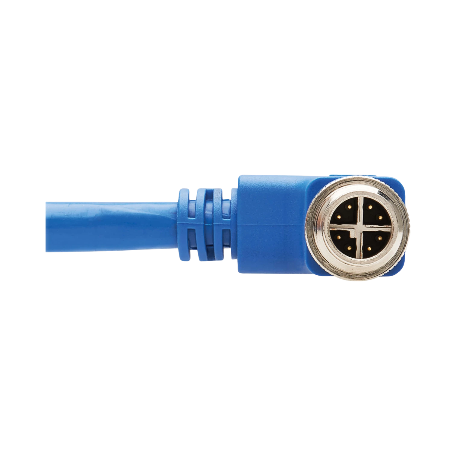 Tripp Lite M12 X-Code Cat6a 10G F/UTP CMR-LP Shielded Ethernet Cable (Right-Angle M12 M/RJ45 M), IP68, PoE, Blue, 10 m (32.8 ft.), TAA — Being Shipped