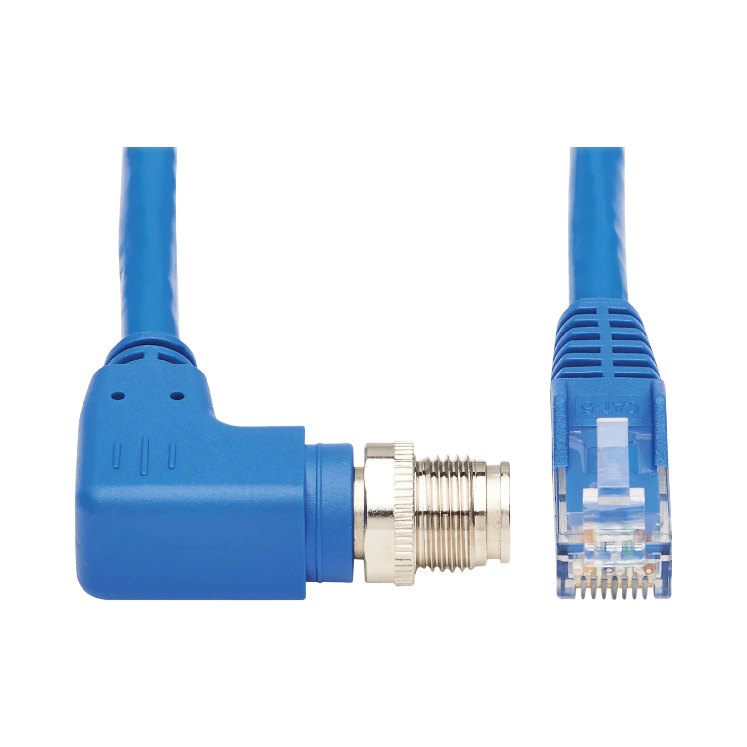 Tripp Lite M12 X-Code Cat6 1G UTP CMR-LP Ethernet Cable (Right-Angle M12 M/RJ45 M), IP68, PoE, Blue, 3 m (9.8 ft.), TAA — Being Shipped