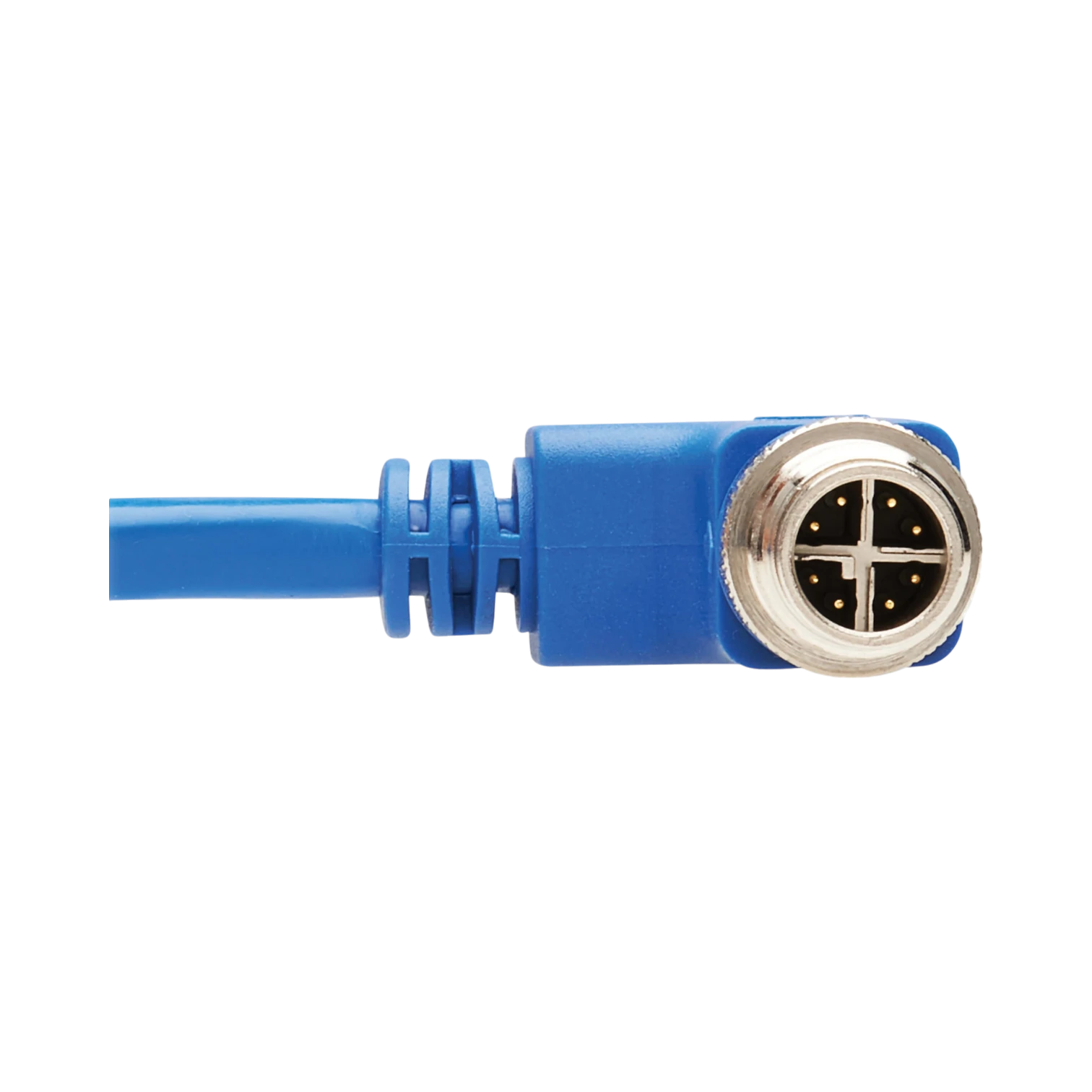 Tripp Lite M12 X-Code Cat6 1G UTP CMR-LP Ethernet Cable (Right-Angle M12 M/RJ45 M), IP68, PoE, Blue, 3 m (9.8 ft.), TAA — Being Shipped