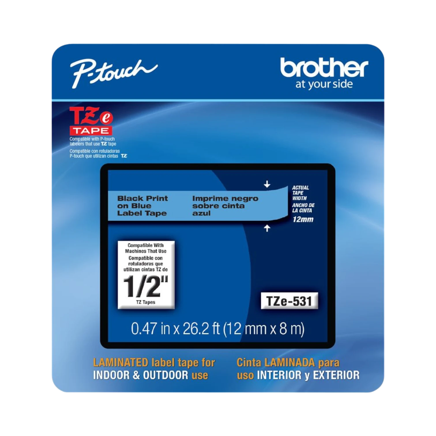 Brother Black Print on Blue Laminated Label Tape for P-touch Label Maker, 12mm (0.47”) wide x 8m (26.2’) long — Being Shipped