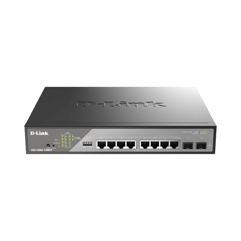 D-Link DSS-200G Ethernet Switch DSS-200G-10MPP, 8-Port Gigabit Ethernet Network PoE, 2 SFP Slots — Being Shipped