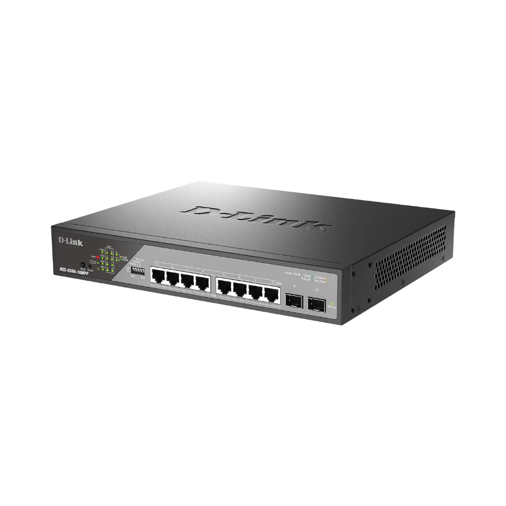 D-Link DSS-200G Ethernet Switch DSS-200G-10MPP, 8-Port Gigabit Ethernet Network PoE, 2 SFP Slots — Being Shipped