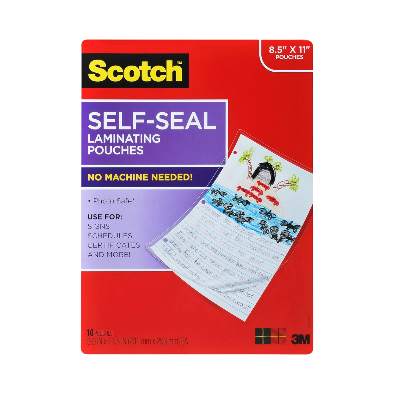 3M LS854-10G Scotch Self-Sealing Laminating Pouches, 9.0 in x 11.5 in x 0 in (231 mm x 293 mm) — Being Shipped